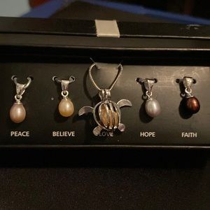Sterling silver and real pearls changeable turtle necklace with 5 charms